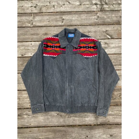 Pendleton High Grade Western Wear Cowboy Aztec Wool Denim Jacket Vintage Medium - Picture 3 of 8